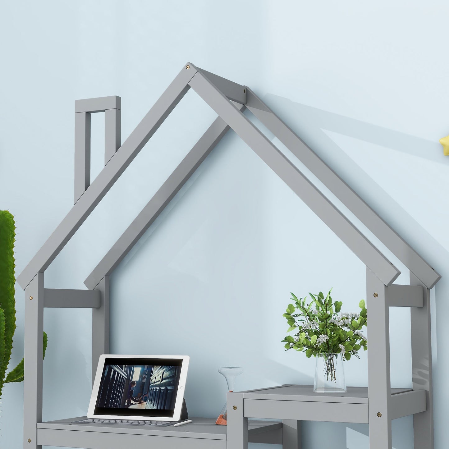 House-shaped Wooden writing Desk,Kids study Table,Bookshelf & Toy Storage,Grey - Korvel