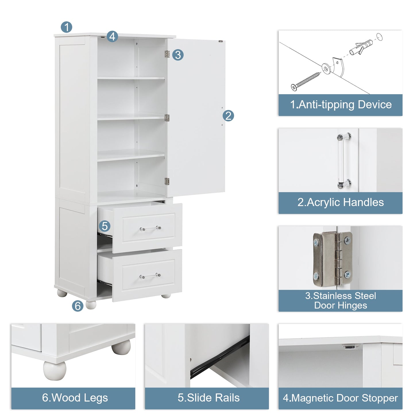 Tall bathroom storage cabinet with two drawers and adjustable shelves for independent storage - Korvel