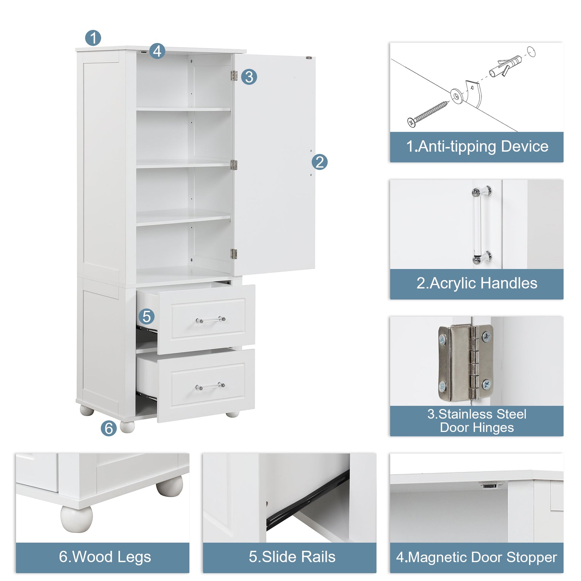 Tall bathroom storage cabinet with two drawers and adjustable shelves for independent storage - Korvel