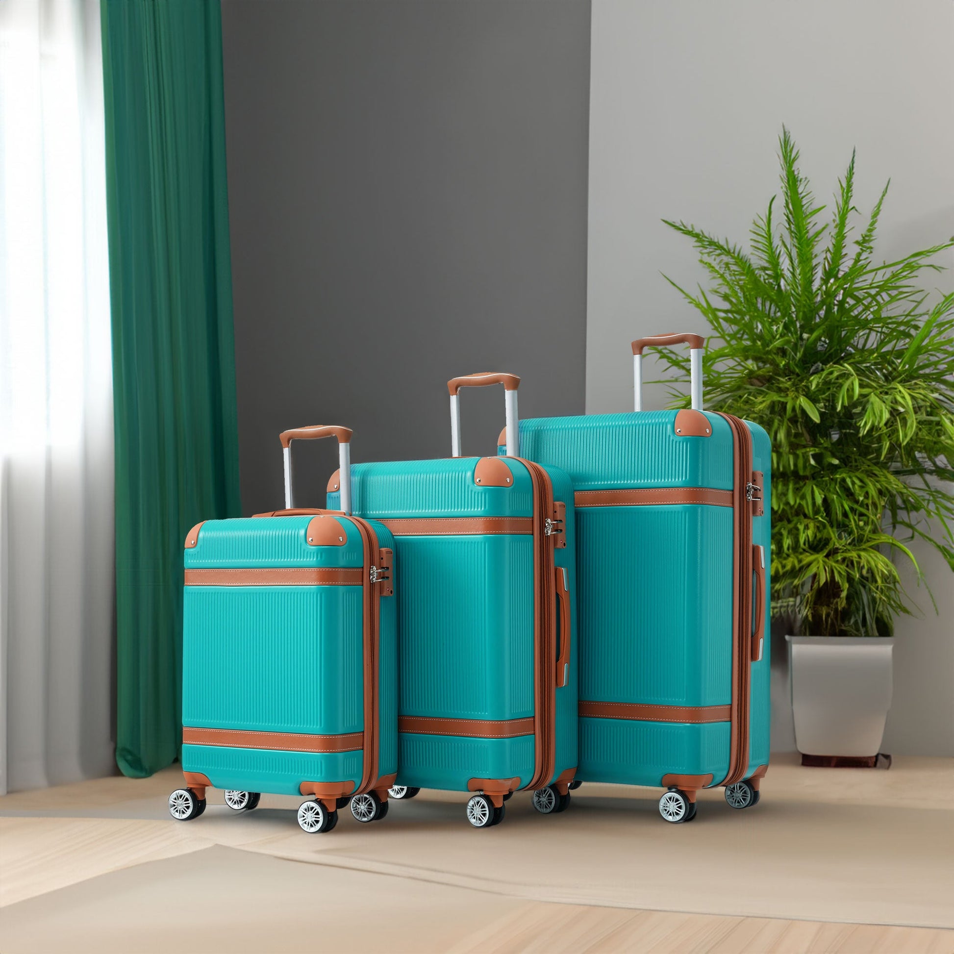 Hardshell Luggage Sets 3 Piece double spinner 8 wheels Suitcase with TSA Lock Lightweight 20''24''28'' Green + ABS - Korvel