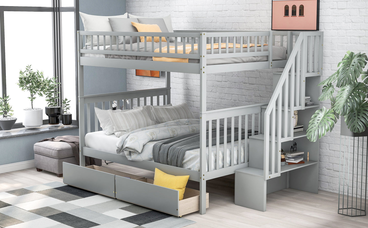 Full over Full Bunk Bed with Two Drawers and Storage, Gray - Korvel