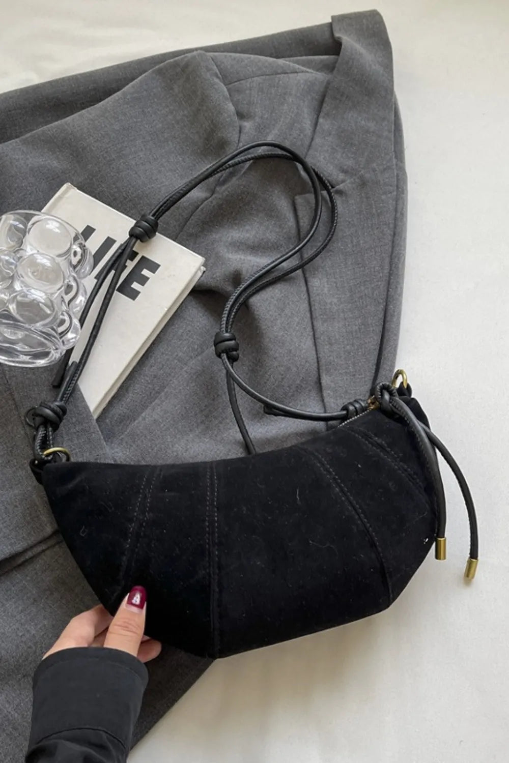 PU Leather Strap Suede Shoulder Bag - Korvel
