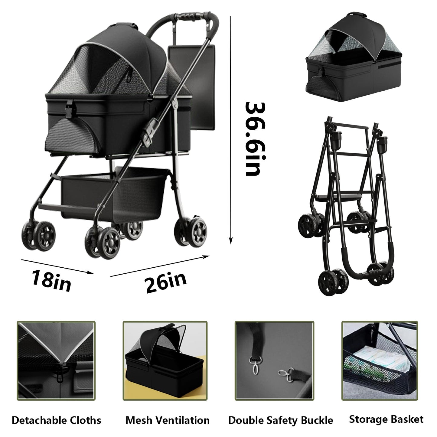 Poussette pour chien 2-en-1 pliable avec transporteur amovible