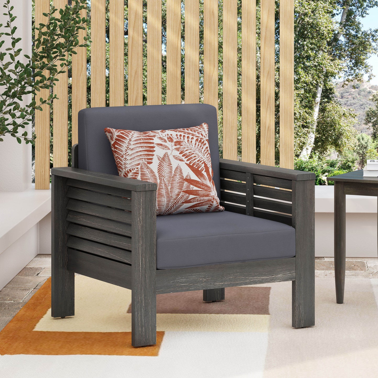 Outdoor Acacia Wood Club Chairs with Cushions, Dark Gray, 27.75"D x 32"W x 27.75"H - Korvel