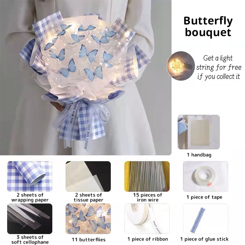New DIY Butterfly Bouquets Handmade Butterfly Flower Material Package Bouquet with Light String Wedding Decor Gift for Girlfrien - Korvel