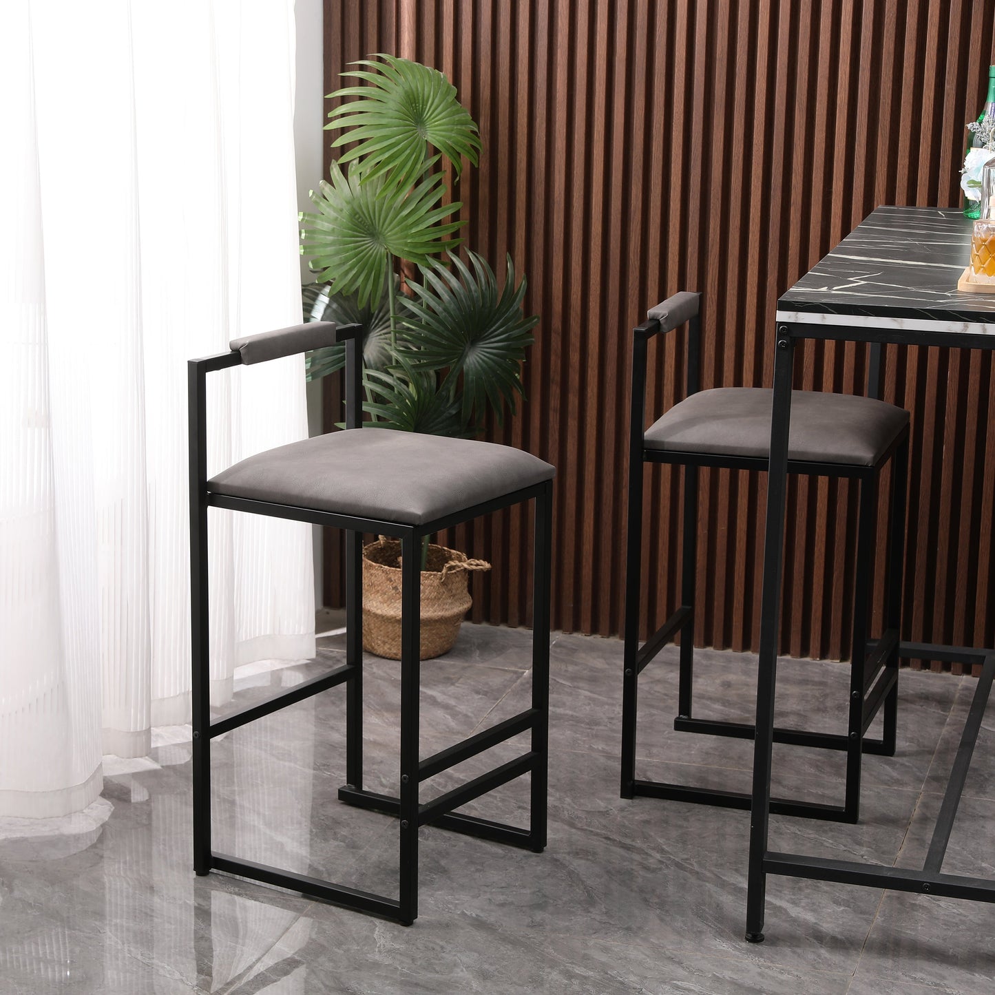 Set of 2 Counter Height Barstools Kitchen Island Stools (Gray with Back) - Korvel