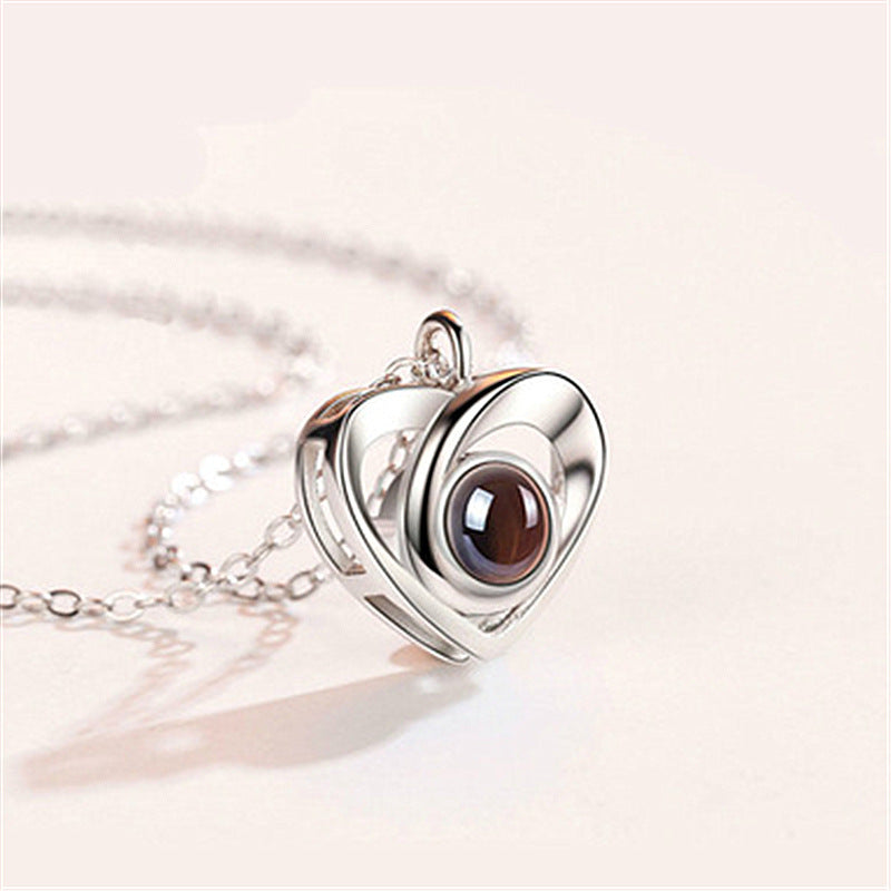 Silver Love Heart shaped Projection Pendant Necklace in 100 Languages, I Love You Projection Pendant Clavicle Chain - Korvel