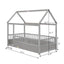 Twin Size Floor Wooden Bed with House Roof Frame Fence Guardrails Grey - Korvel