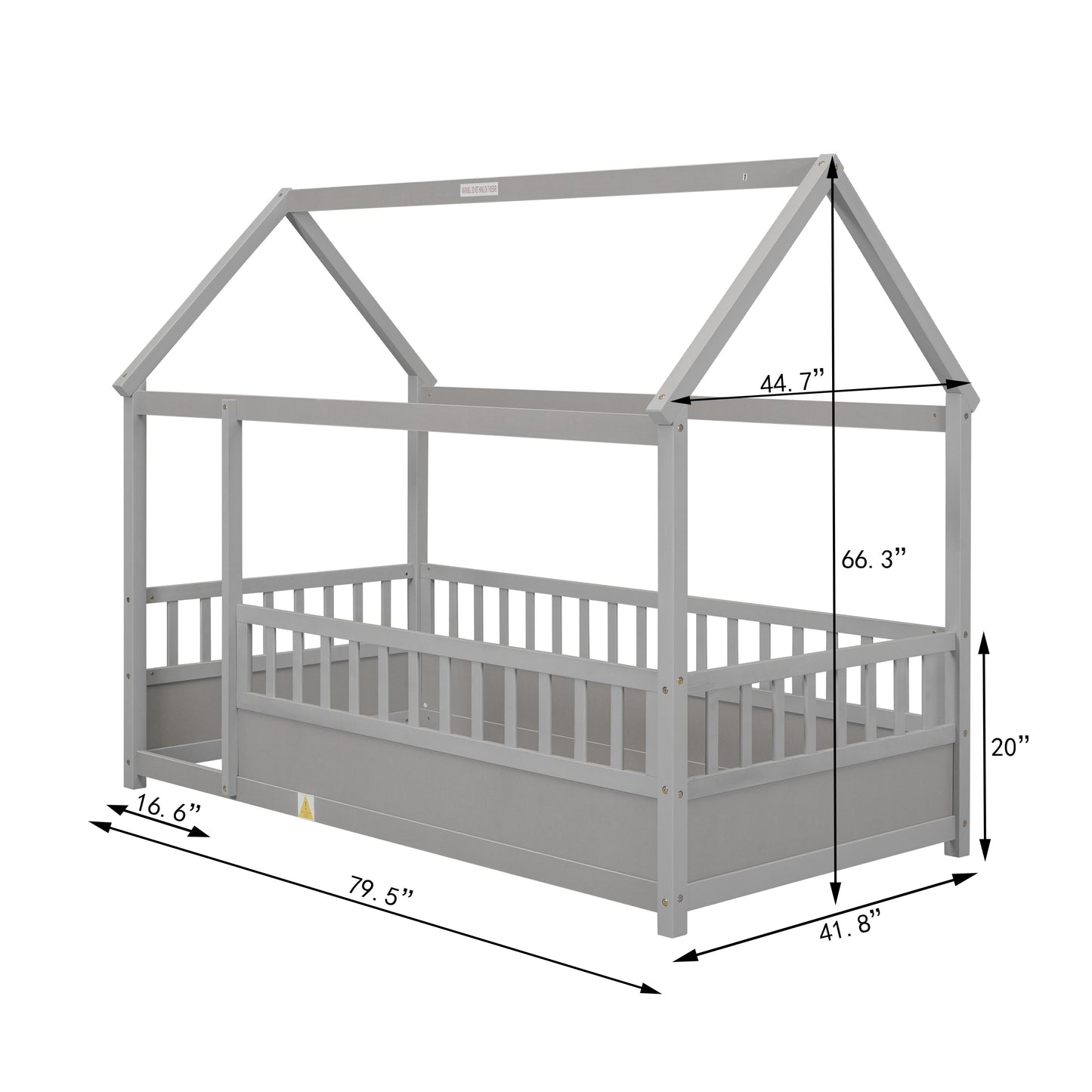 Twin Size Floor Wooden Bed with House Roof Frame Fence Guardrails Grey - Korvel