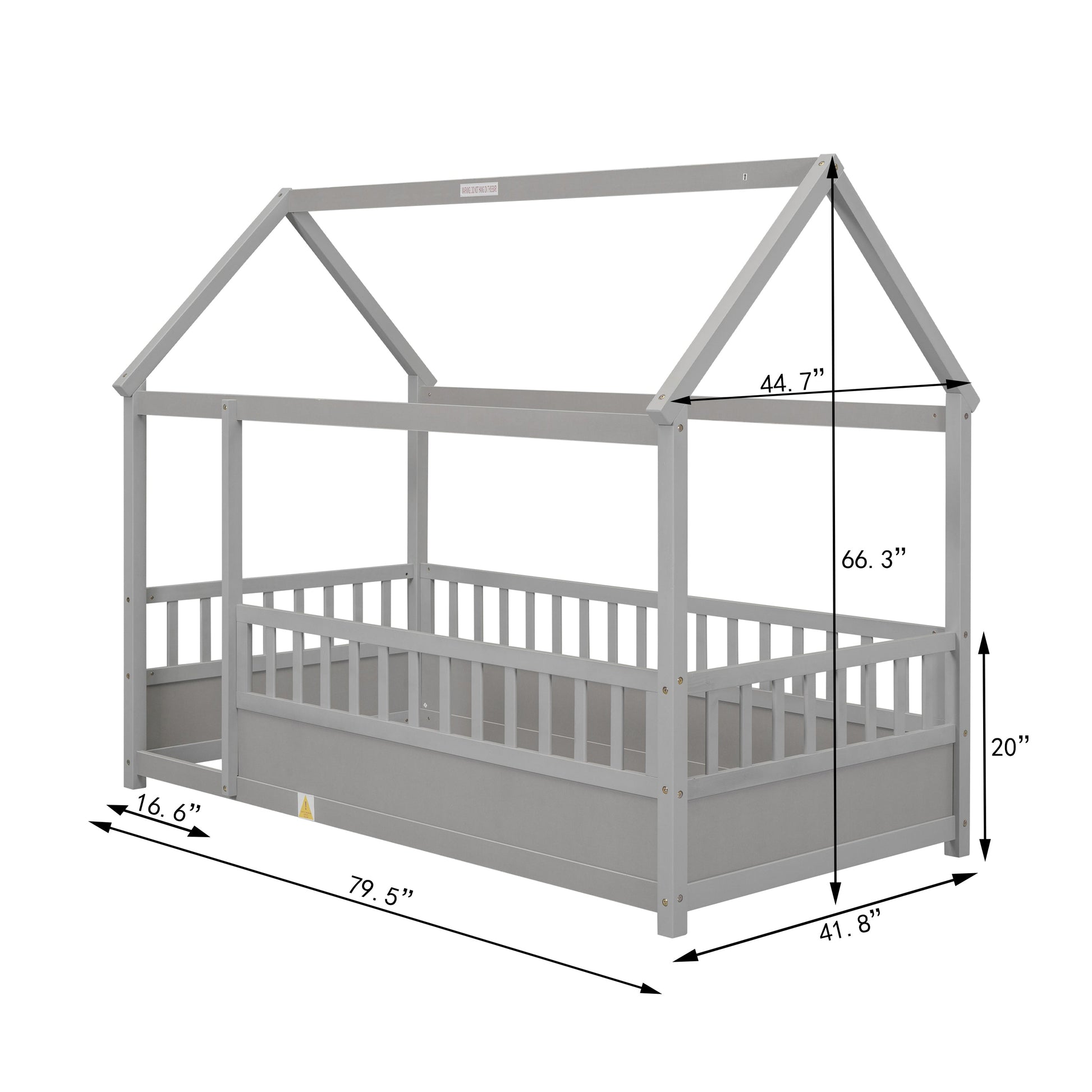 Twin Size Floor Wooden Bed with House Roof Frame Fence Guardrails Grey - Korvel