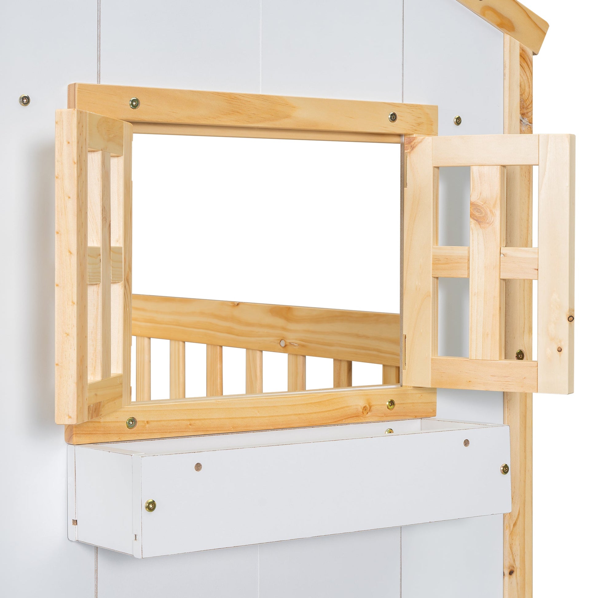 Twin over Twin House Bunk Bed with Roof , Window, Window Box, Door , with Safety Guardrails and Ladder, Natural/White - Korvel