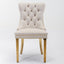 Tufted solid wood velvet soft cushion dining chair gold stainless steel plated leg nail head set of 2 pieces beige and gold - Korvel