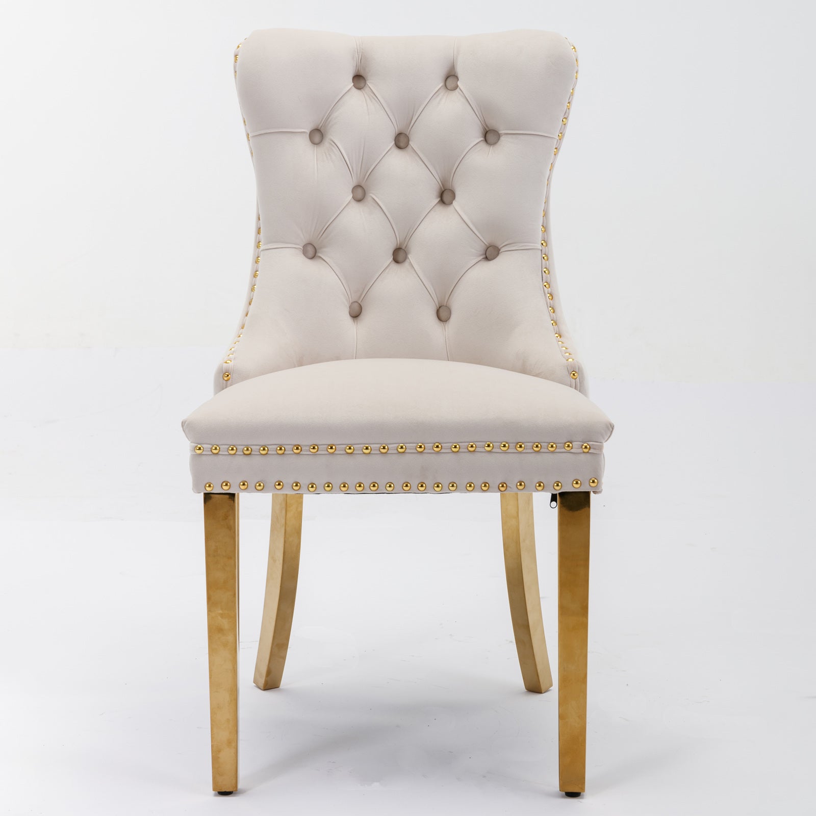 Tufted solid wood velvet soft cushion dining chair gold stainless steel plated leg nail head set of 2 pieces beige and gold - Korvel