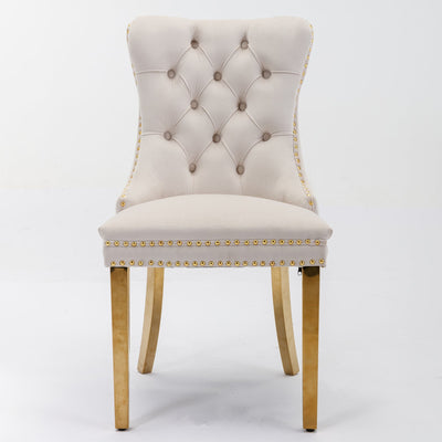 Tufted solid wood velvet soft cushion dining chair gold stainless steel plated leg nail head set of 2 pieces beige and gold - Korvel