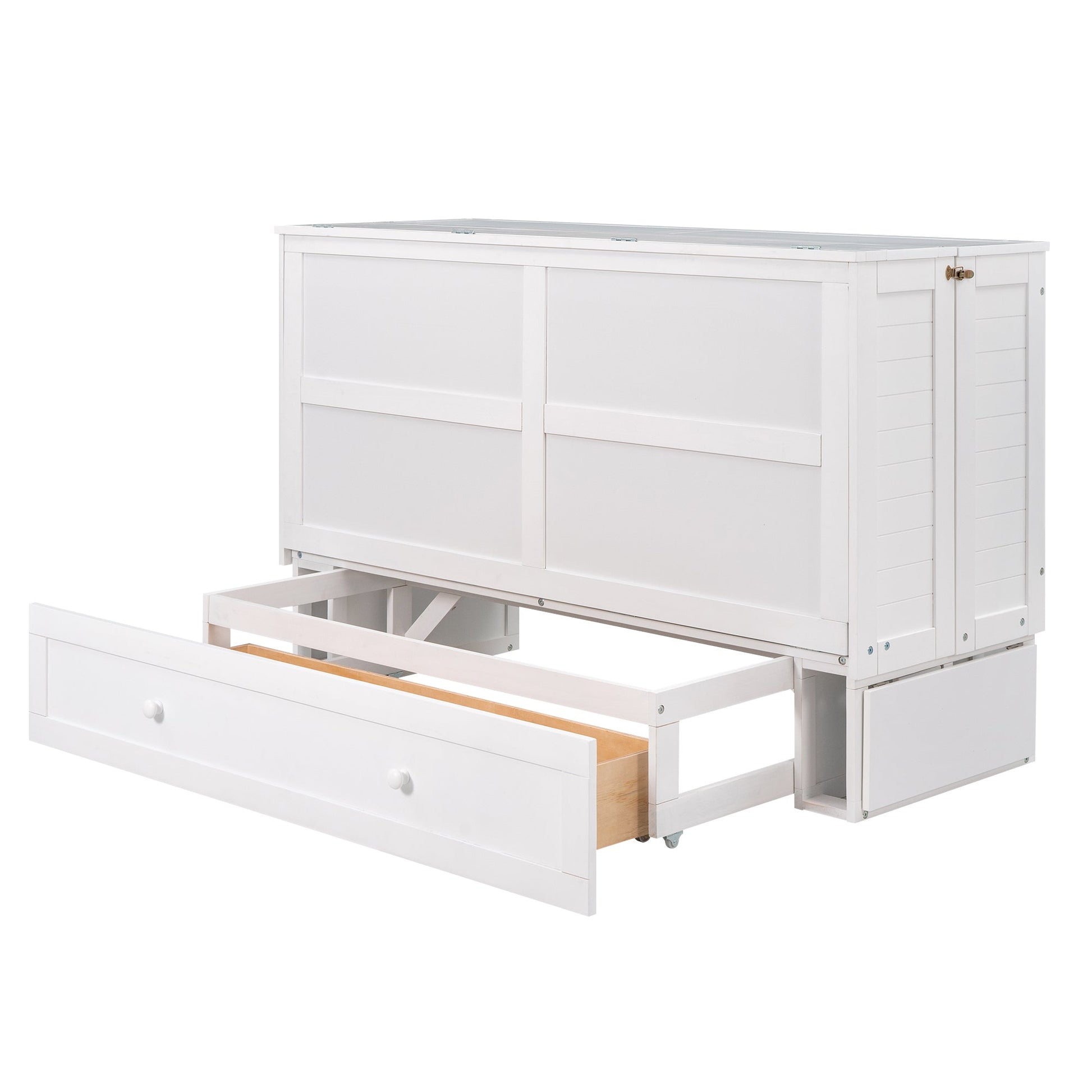 Queen Size Mobile Murphy Bed with Drawer and Little Shelves on Each Side White - Korvel