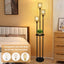 Boho Floor Lamp with Shelves 3-Lights Farmhouse Tall Floor Lamp with ON/OFF Foot Switch Rustic Standing Lamp with Rattan Shades - Korvel