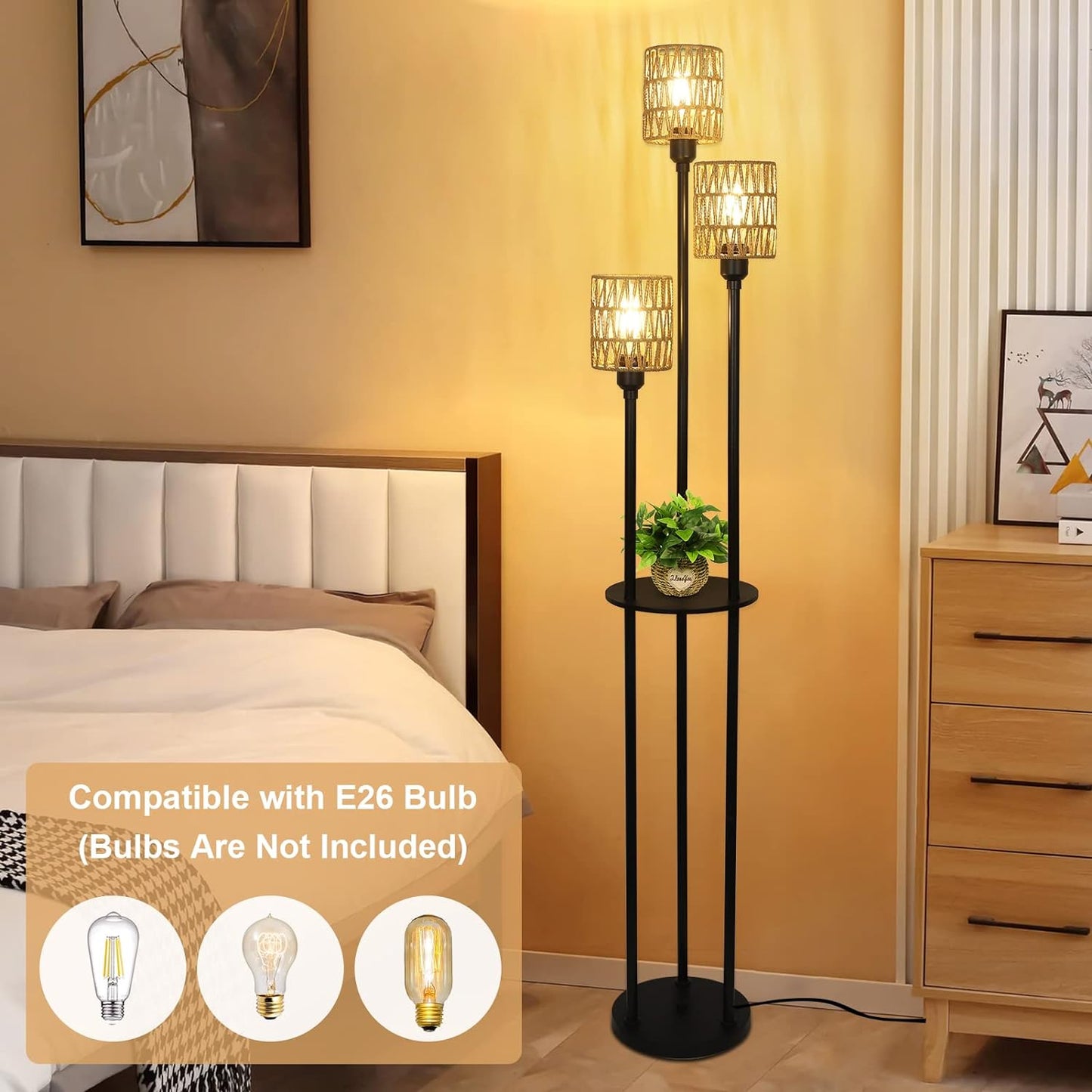 Boho Floor Lamp with Shelves 3-Lights Farmhouse Tall Floor Lamp with ON/OFF Foot Switch Rustic Standing Lamp with Rattan Shades - Korvel