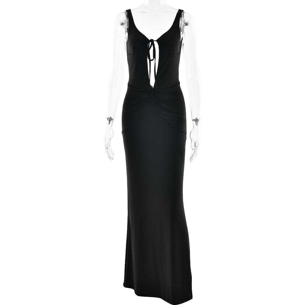 Style Strap Long Dress Women's Sexy Backless Hollow Pleated Dress - Korvel