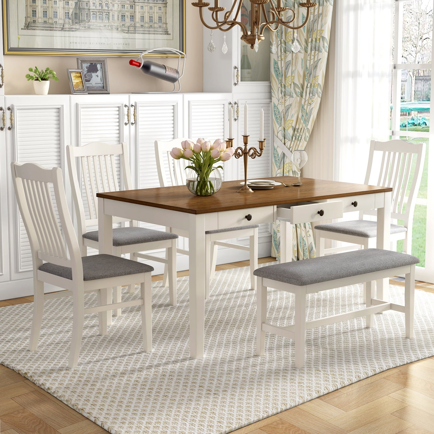 Conjunto de Mesa de Comedor de Madera de 6 Piezas TOPMAX de Estilo Mid-Century