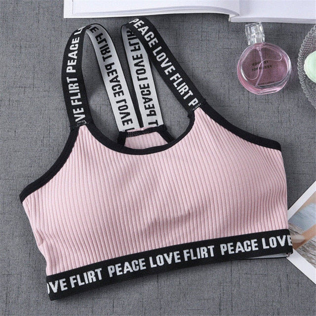 Sport Cropped Top Bra Push Up Running Yoga Bra Cotton Letters Sport Tops For Women Gym Wear Solid Fitness Bra Women Sportswear - Korvel