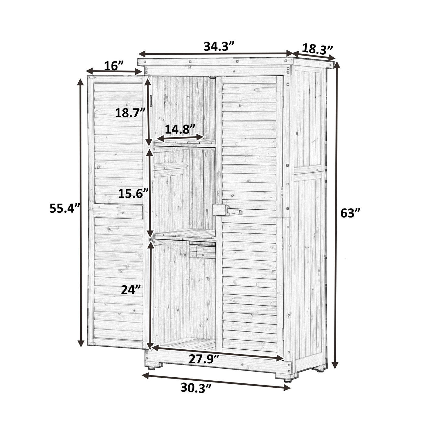 Wooden Garden Shed 3-tier Patio Storage Cabinet Outdoor Organizer Wooden Lockers with Fir Wood (Gray Wood Color -Shutter Design) - Korvel