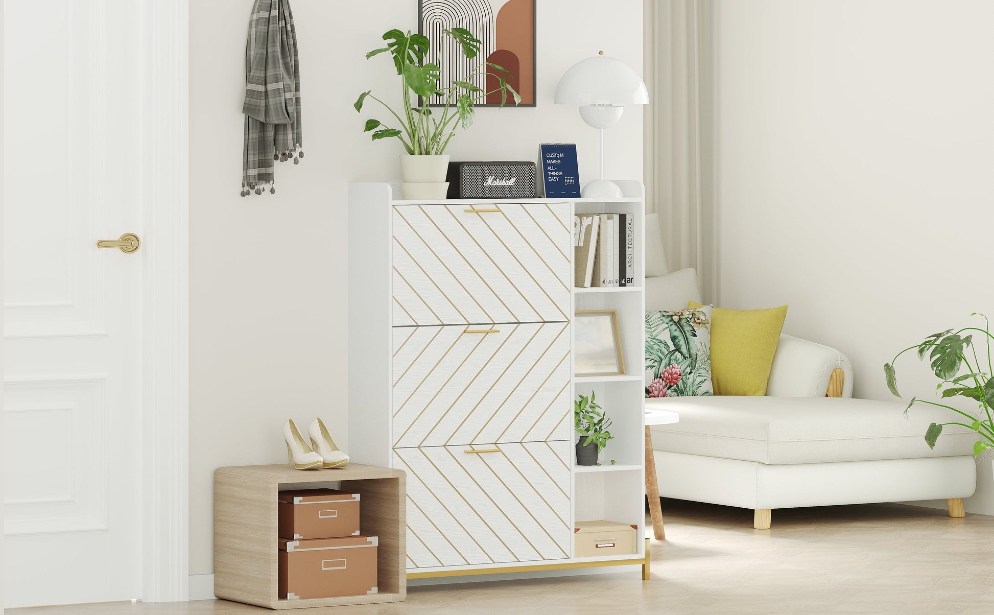 Shoe Cabinet with 3 Flip Drawers & Open Shelves, Modern Entryway Shoe Storage Cabinet Slim, Narrow Hidden Shoe Rack for Heels - Korvel