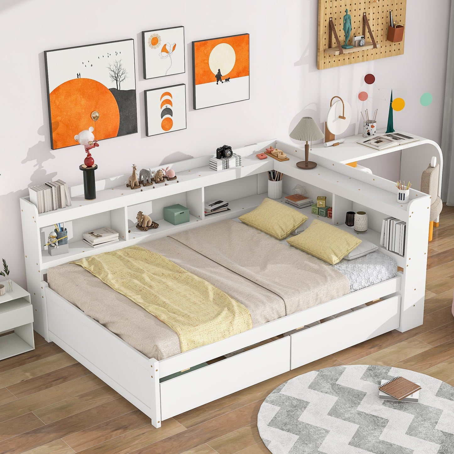 Elegant Full Bed with L-shaped Bookcases and Drawers in White