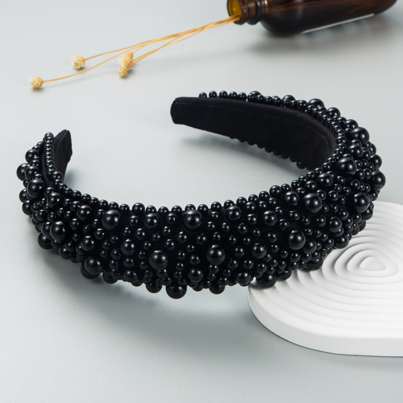 Hair Hoop Baroque Sponge Pearl Hair Accessories Women's Handmade Beaded Multicolor European and American Broad-brimmed Headband - Korvel