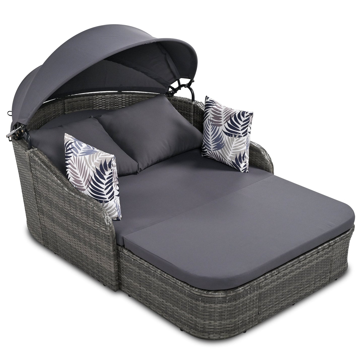 GO 79.9" Outdoor Sunbed with Adjustable Canopy, Double lounge, PE Rattan Daybed, Gray Wicker And Cushion - Korvel