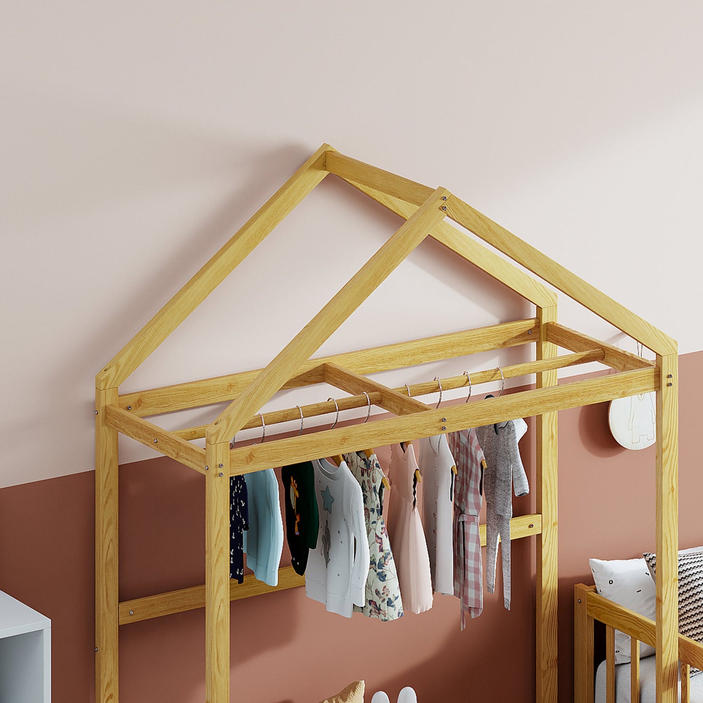 Wooden Full Size Children's Bed with Detachable Headboard and Integrated Clothes Drying Rack, Natural - Korvel