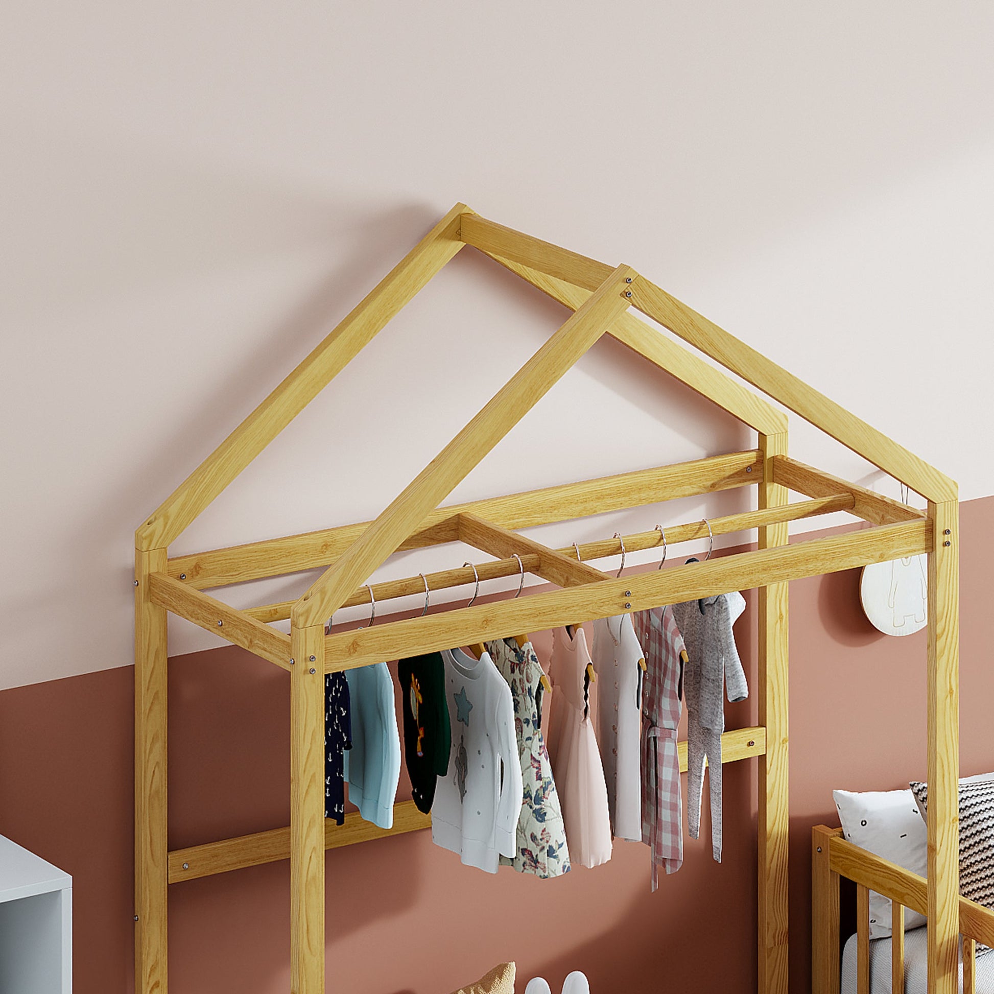 Wooden Full Size Children's Bed with Detachable Headboard and Integrated Clothes Drying Rack, Natural - Korvel