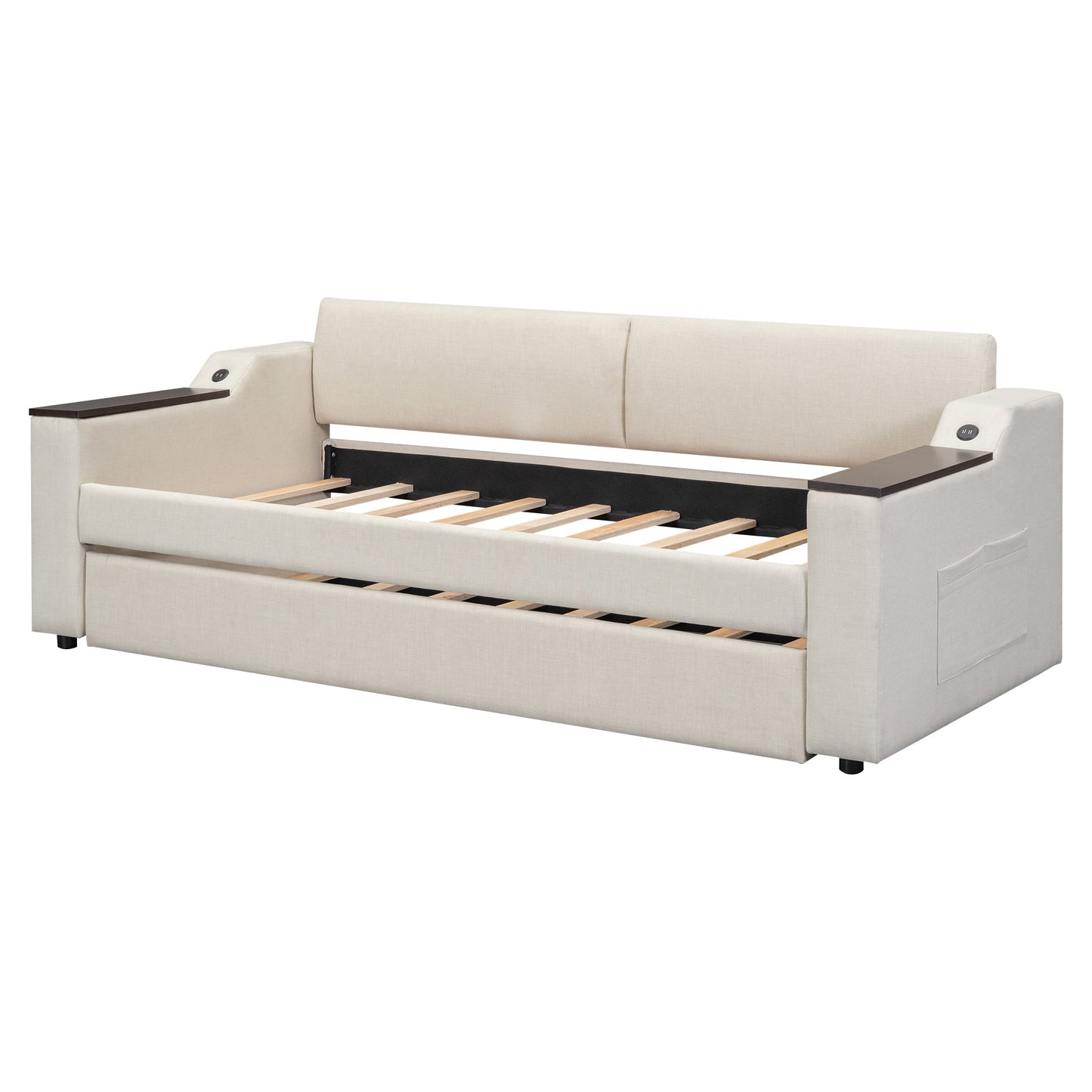 Twin Size Upholstery Daybed with Storage Arms and USB - Beige