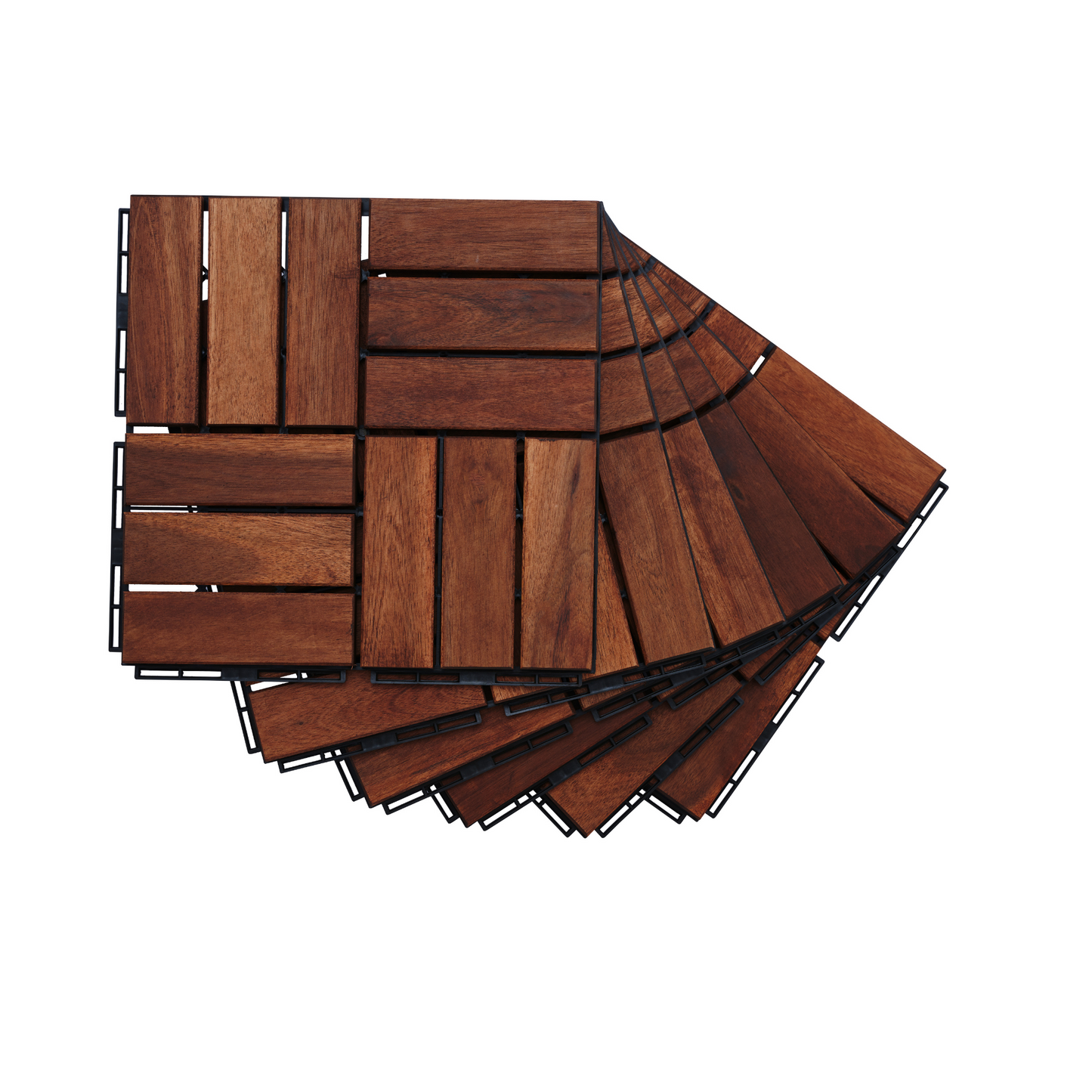 Acacia interlocking deck tile grid pattern, 10 pieces of 12 inch x 12 inch square brown Acacia hardwood outdoor flooring - Korvel