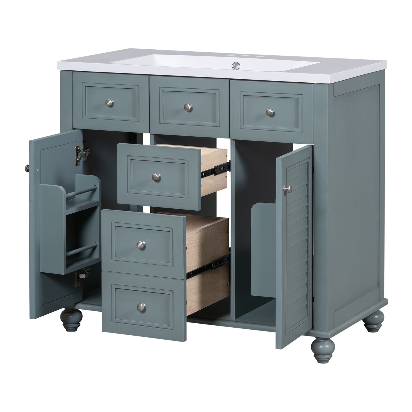 36 "bathroom makeup cabinet with resin sink combination and 2 drawers, with soft closing door, blue color - Korvel