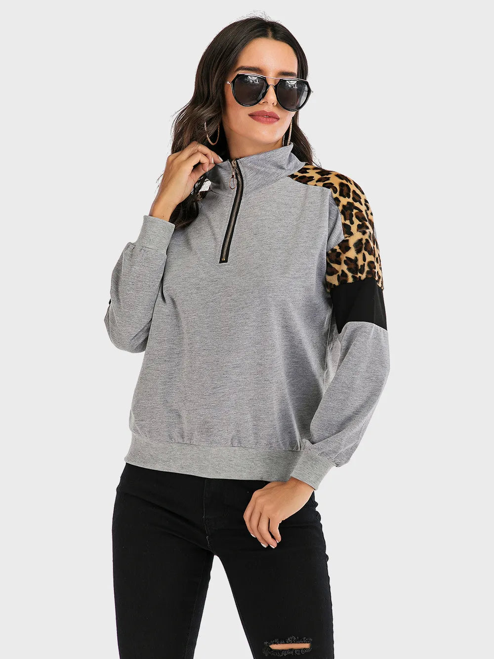 Sudadera de Manga Larga con Media Cremallera y Leopardo en Contraste