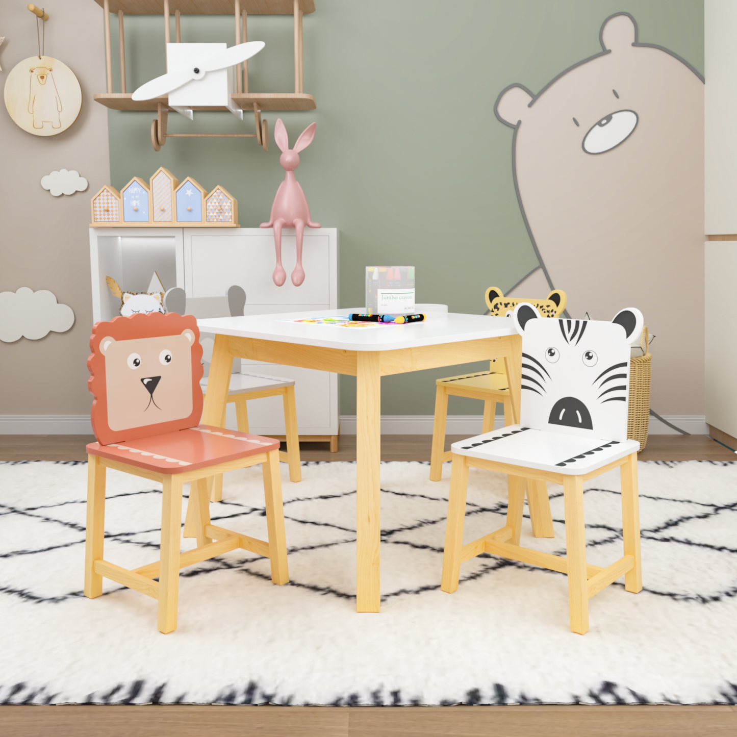 Juego de Mesa y Sillas para Niños de 5 Piezas - Mesa de Madera para Niños con 4 Sillas de Dibujos An