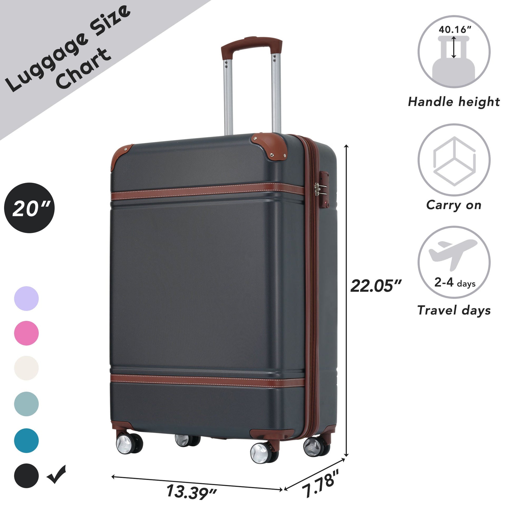 20 IN Luggage 1 Piece with TSA lock , Lightweight Suitcase Spinner Wheels,Carry on Vintage Luggage,Black - Korvel