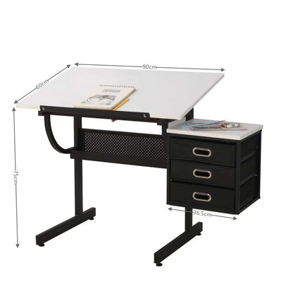 White adjustable drafting drawing table with stool and 3 drawers - Korvel