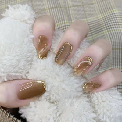 Wearing Warm Brown Brown White Double Spell Smudged Golden Texture Ins Style Manicure Patch The Finished Product Is Removable - Korvel