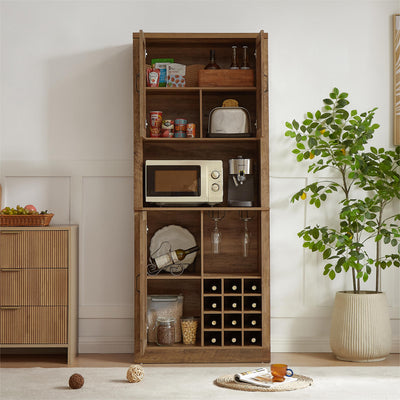 76-Inch Rustic Oak Farmhouse Wine Cabinet with Faux Rattan