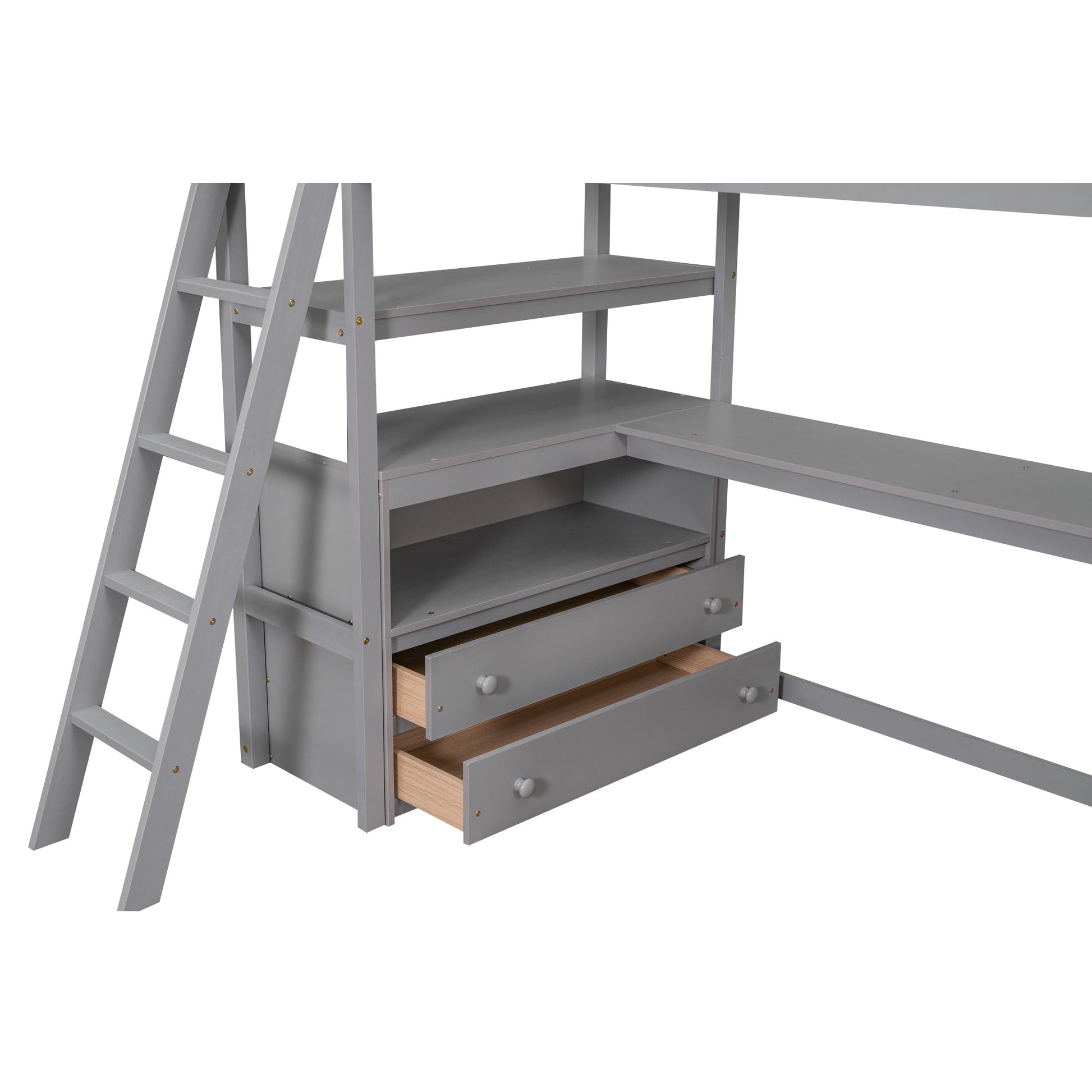 Twin Size Loft Bed with Desk and Shelves, Two Built-in Drawers, Gray - Korvel