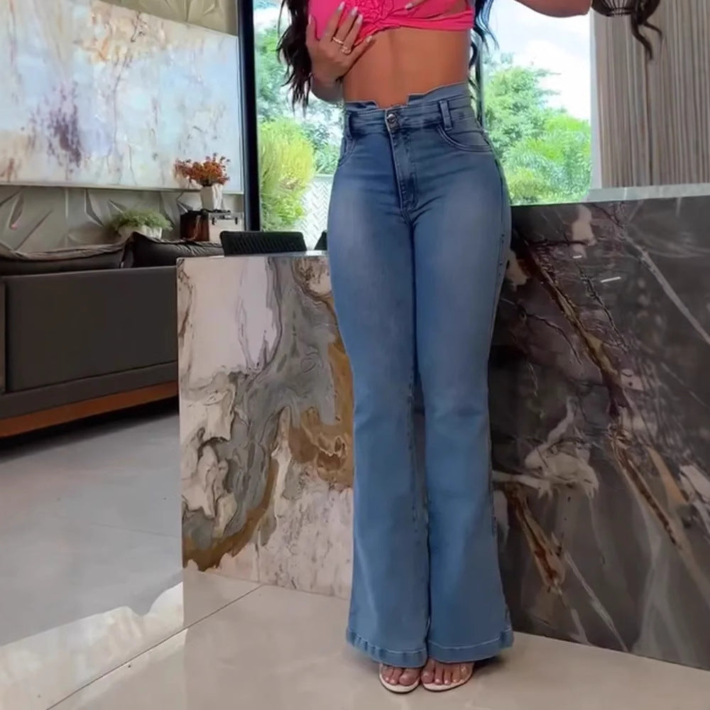 Washed denim jeans women's slim fit high waisted flared pants - Korvel