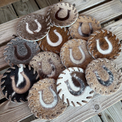 Rustic Horseshoe Cowhide Coaster Collection - Korvel