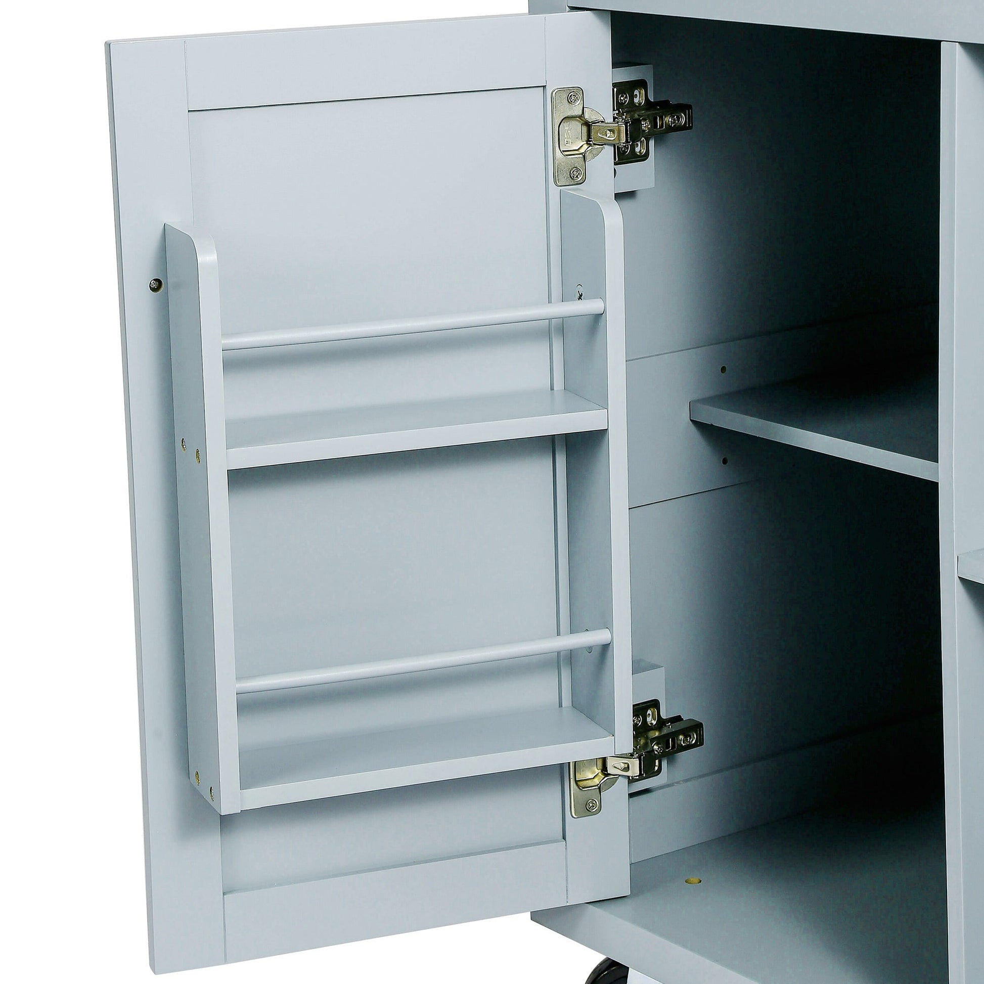Kitchen handcart with rubber wood leaf countertop, storage cabinet, shelf, and 3 dining room drawers, gray blue - Korvel