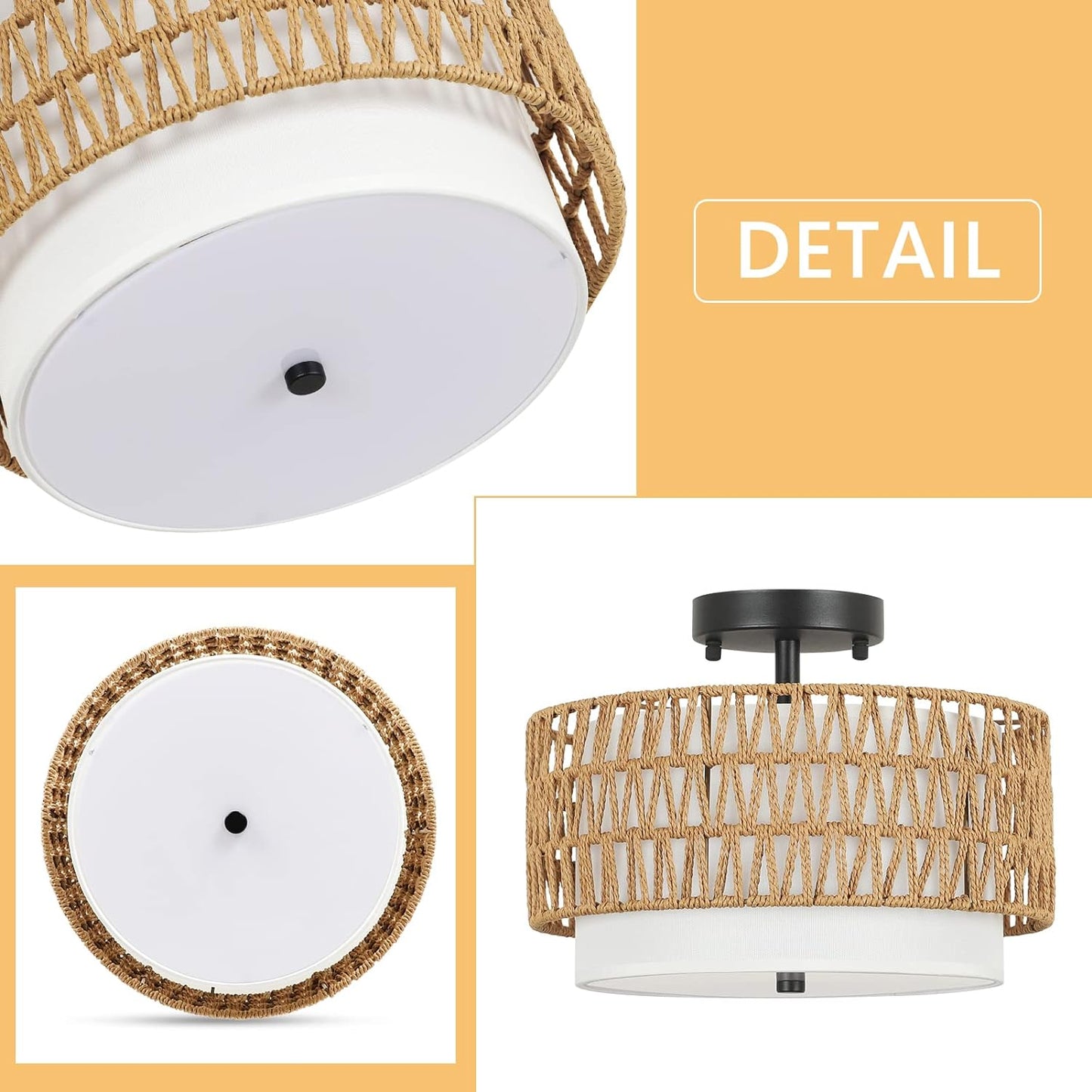 3-Light Semi Flush Mount Ceiling Light Fixture - Boho Rattan Design