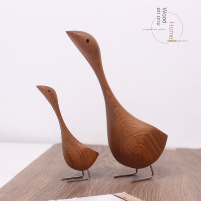Swan Wooden Figurine Creative Desktop Home Decor Wood Carved Goose Craft Carving Nordic Figurine - Korvel