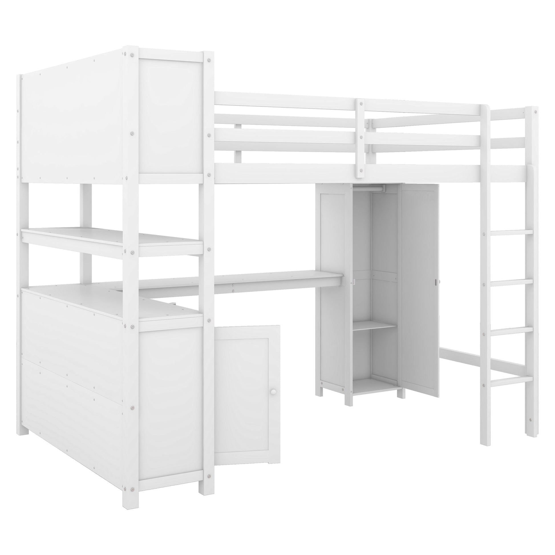 Wood Loft Bed with Cabinet and Bookshelf, Full Size Loft with Wardrobe and Desk for Kids,White - Korvel