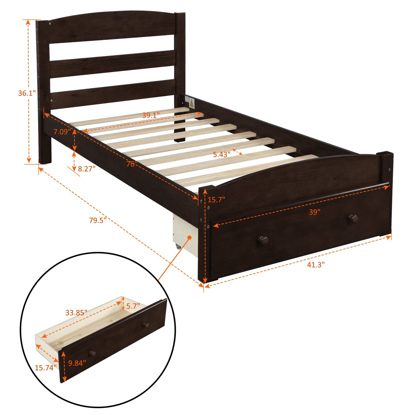 Marco de Cama Plataforma Twin Espresso con Cajón de Almacenamiento