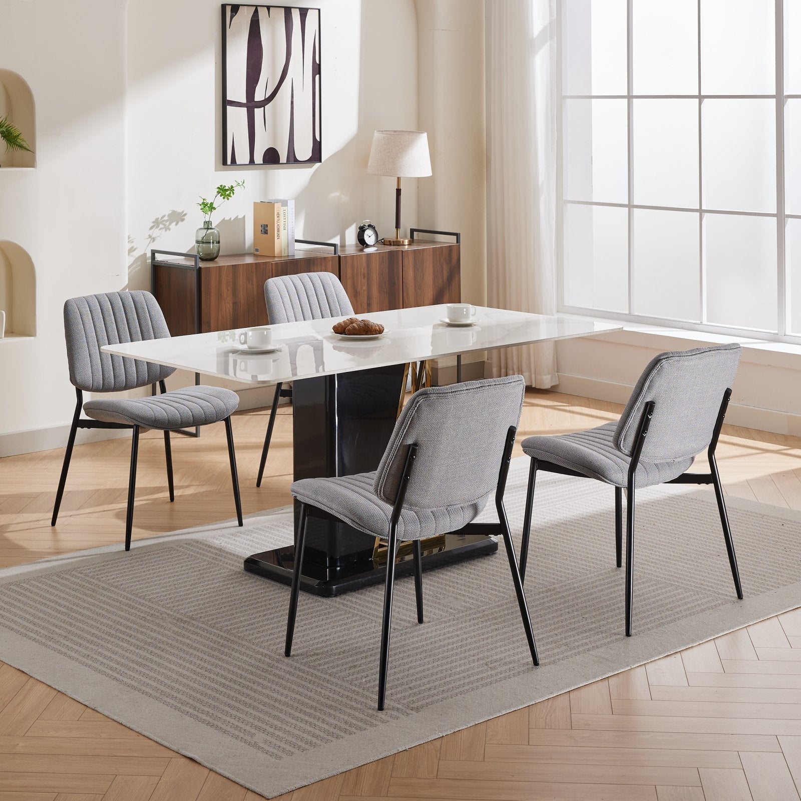 2-piece retro linen chair set with curved wooden backrest, cushioned seat, adjustable metal legs, (gray linen) - Korvel