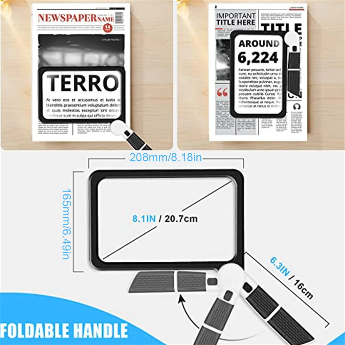 Full-Page 5X Magnifying Glass for Reading, Folding Lighted Magnifier with 48 LED Lights, Rectangular Handhold Magnifier - Korvel